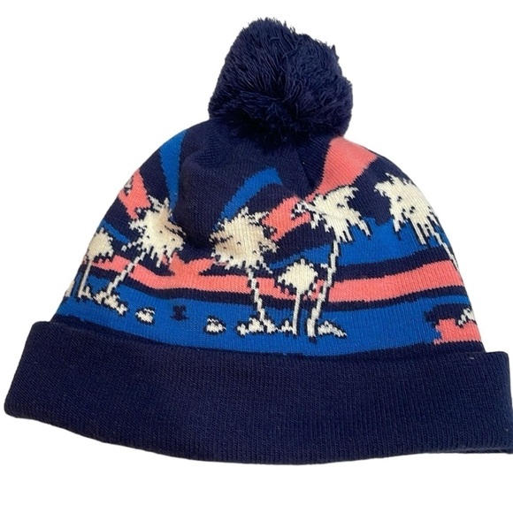 NWOT Vans Palm Tree Print Pom Pom Beanie One Size O/S Blue Pink - Picture 2 of 3
